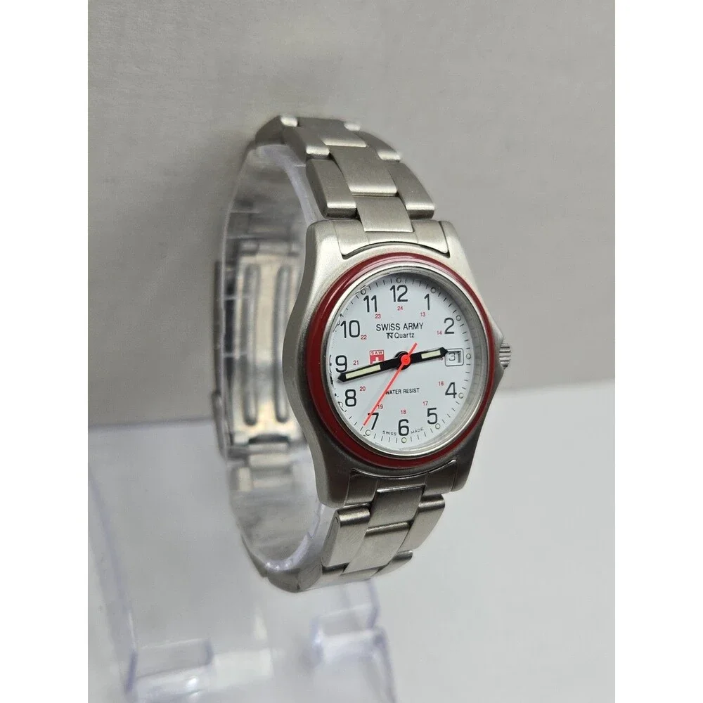 Vintage Swiss Army 1759 30mm Quartz Field Watch Red Bezel White Dial New Battery - Picture 3 of 11